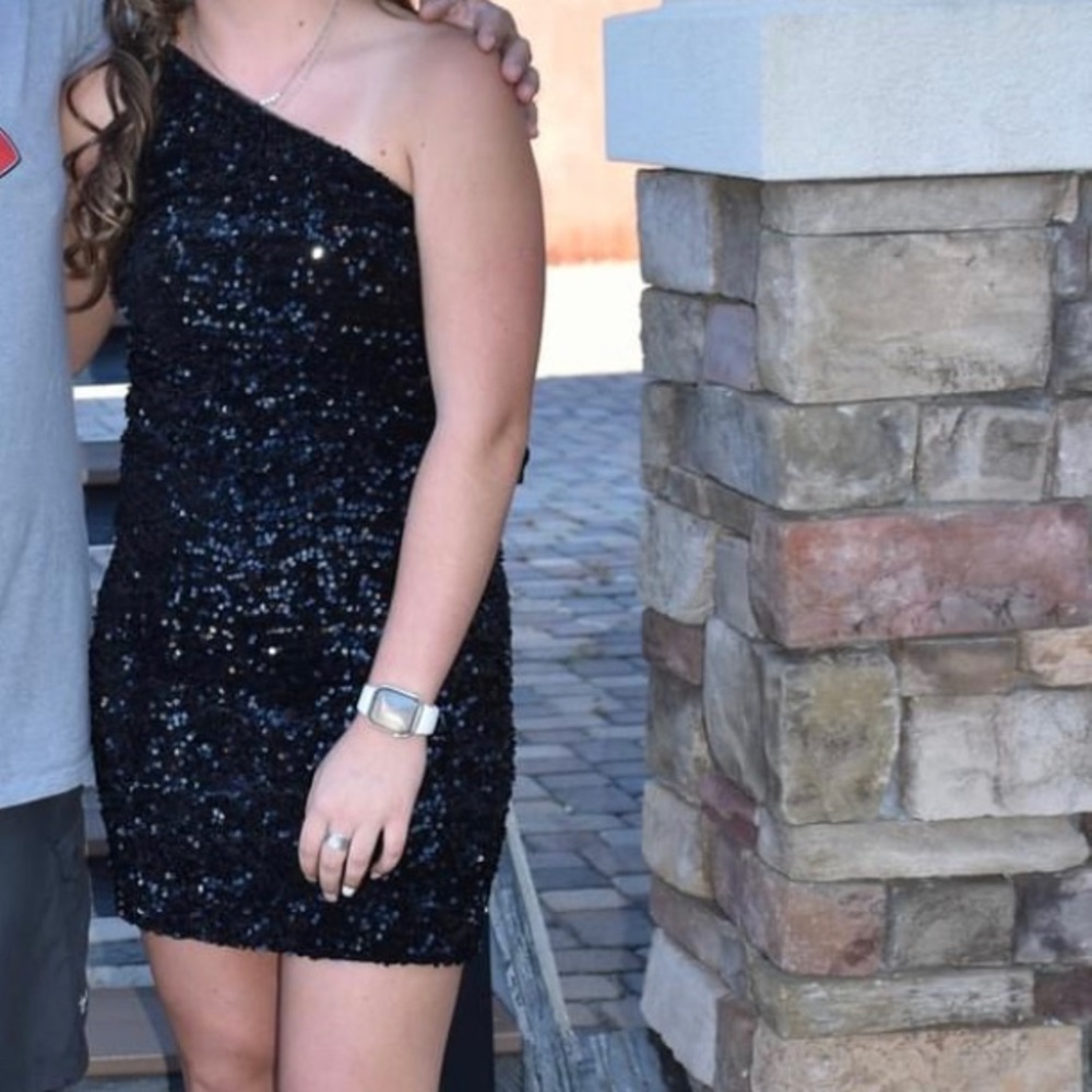 Black, sparkly, one strap Homecoming Dress. Lightly worn, bought new. Size 8